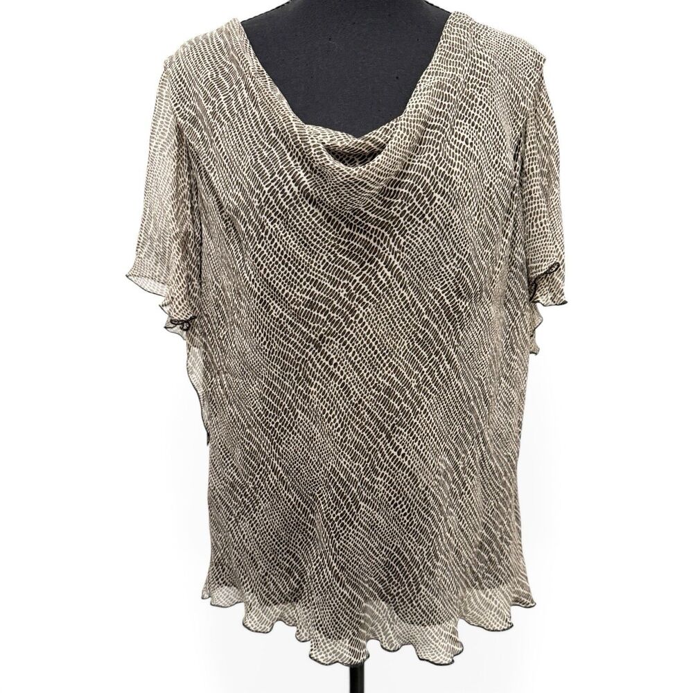 Robbie Bee 18W 100% Silk Animal Print Blouse Beige Cowl Neck Sheer Overlay Top